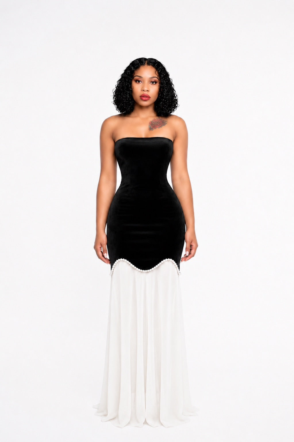 Strapless Pearl Detail A Line Maxi Dress Black White – BECCATHELABEL