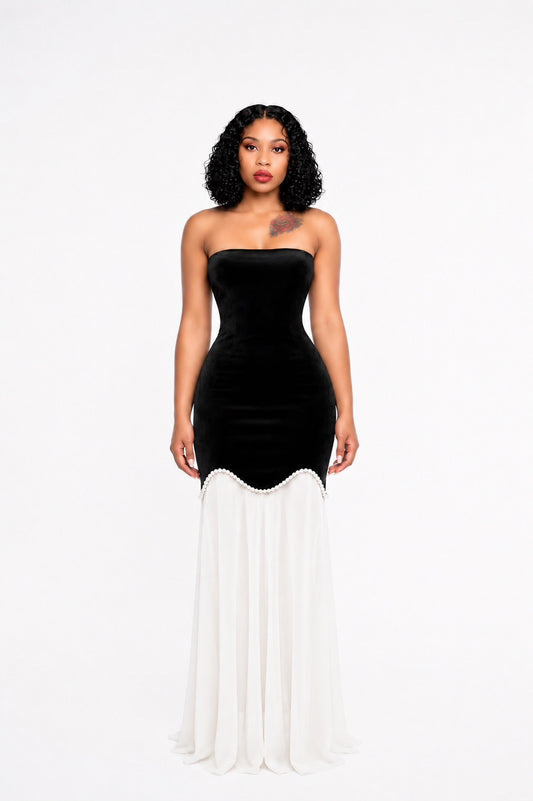 Strapless Pearl Detail A Line Maxi Dress Black White