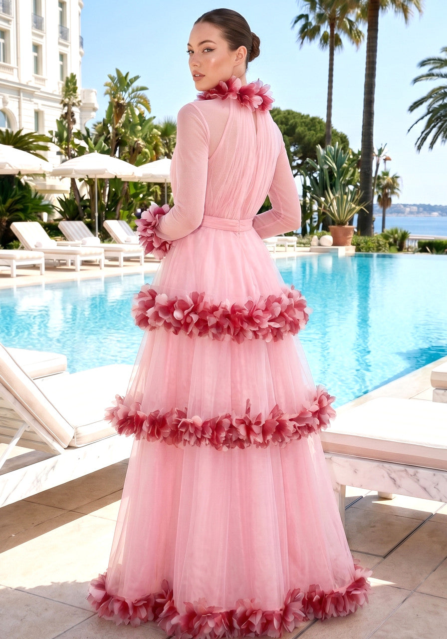Long Sleeve Feather A Line Maxi Dress Pink
