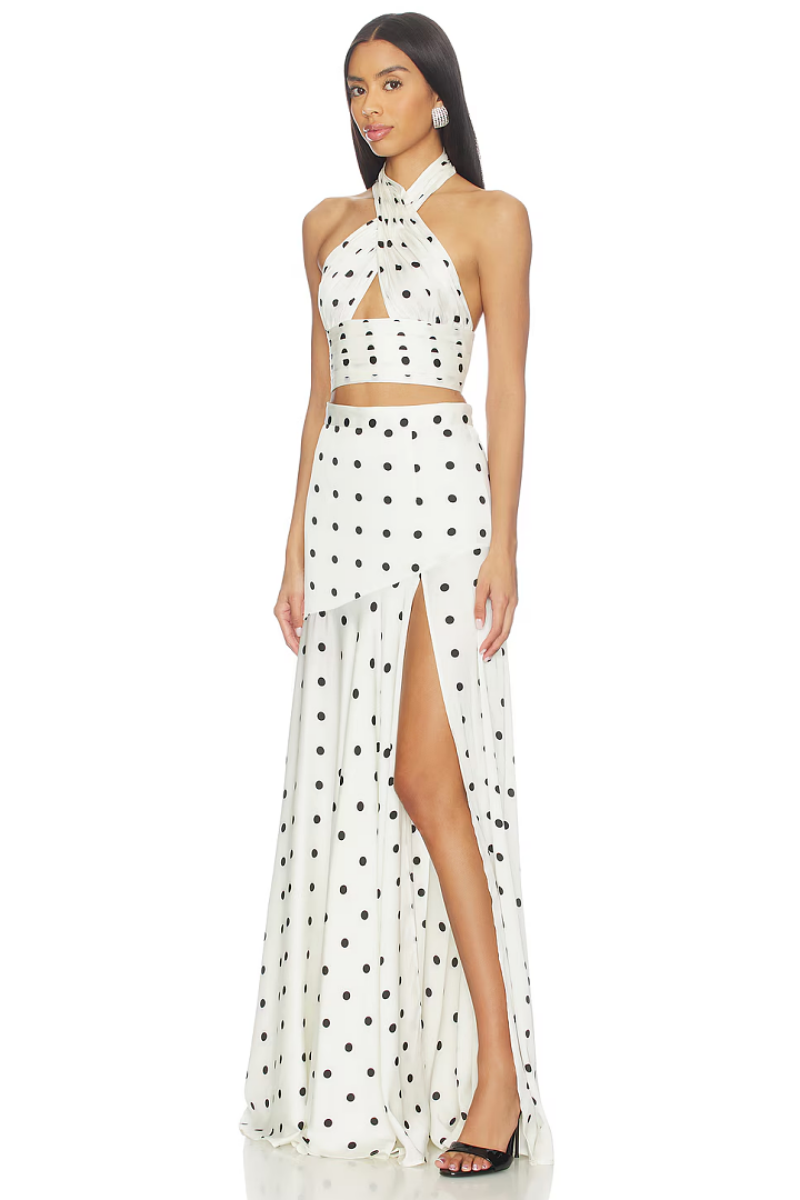 Ivory Polka Dot Halter Top & High-Slit Maxi Skirt Set