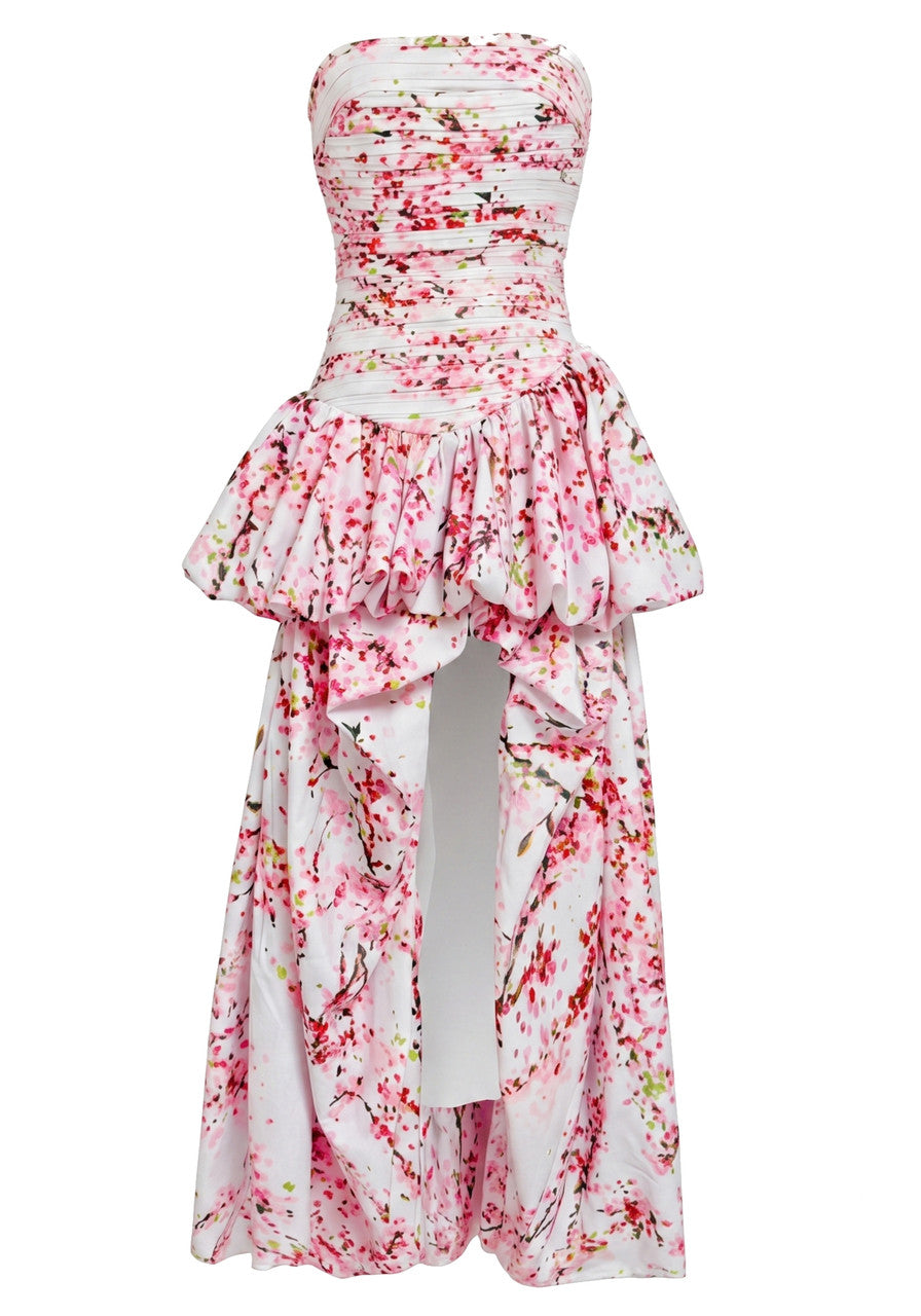 Strapless Ruched Floral Bubble Maxi Dress Hot Pink