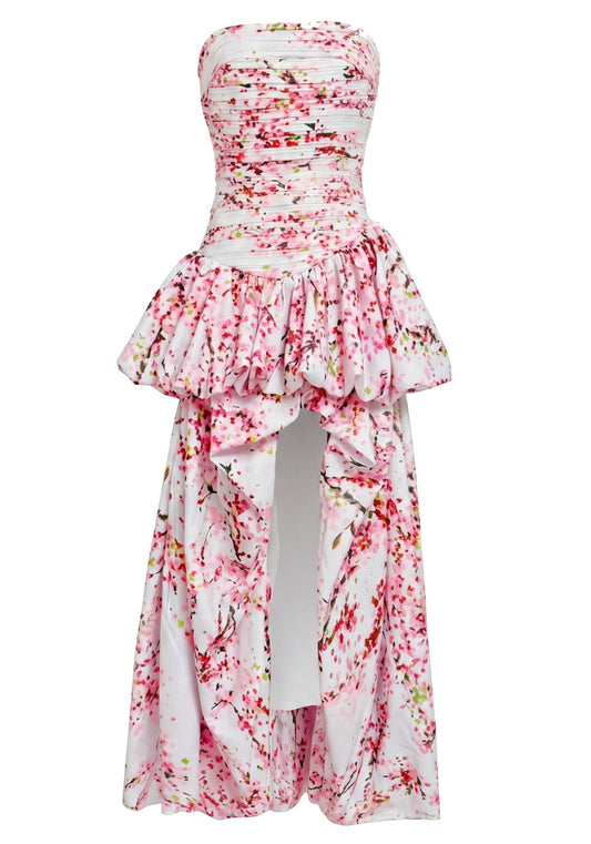 Strapless Ruched Floral Bubble Maxi Dress Hot Pink