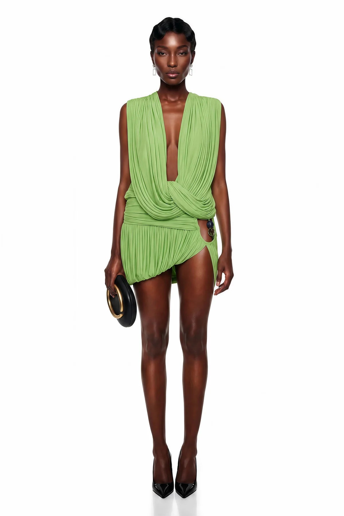 Green Cross Front Ruched Top & Skirt Set