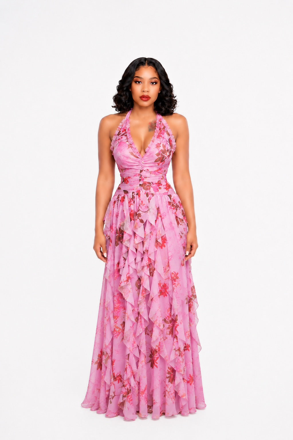 Halter Floral Ruffle Maxi Dress Pink