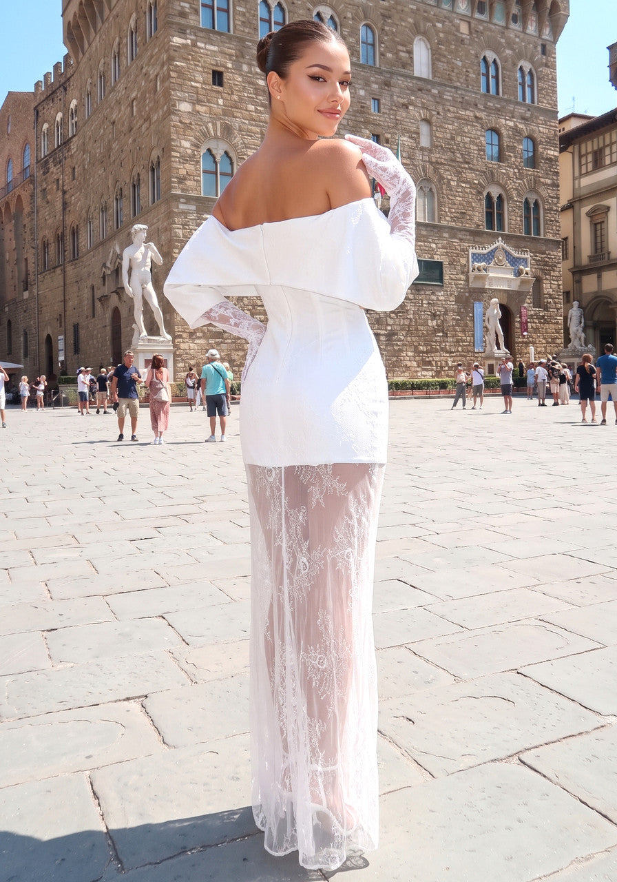 Lace Glove Sleeves Bardot Maxi Dress White