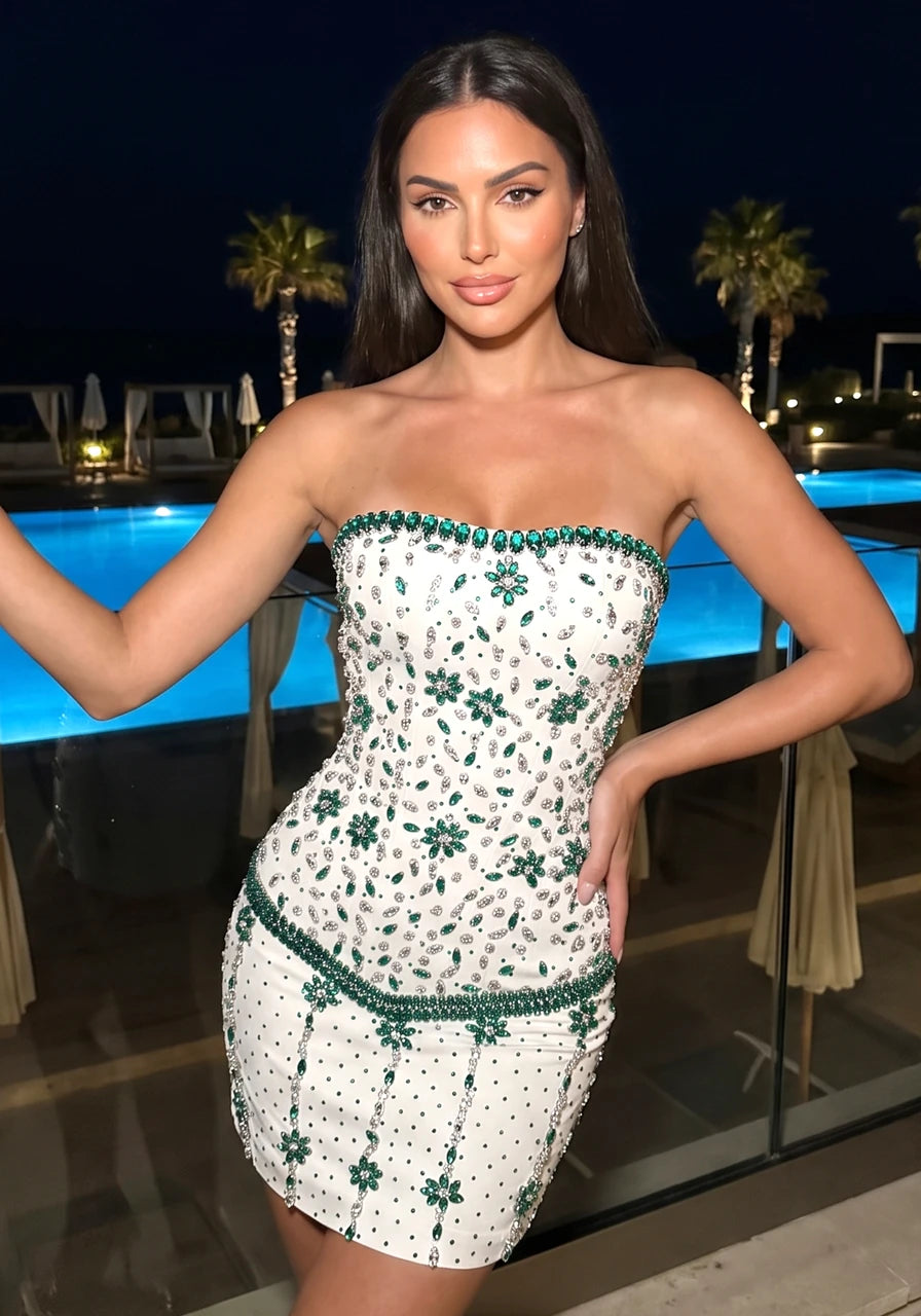 Strapless Crystal Embellished Dress White Green