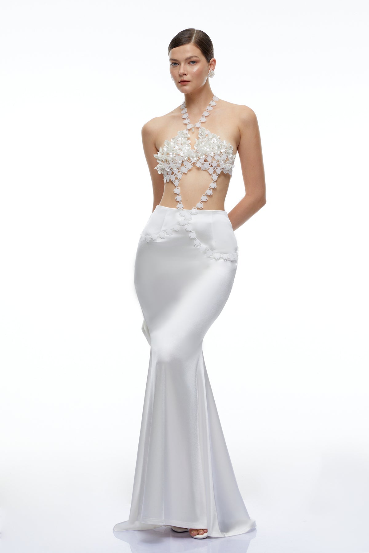 White Halterneck Top & Skirt Set with Floral Applique