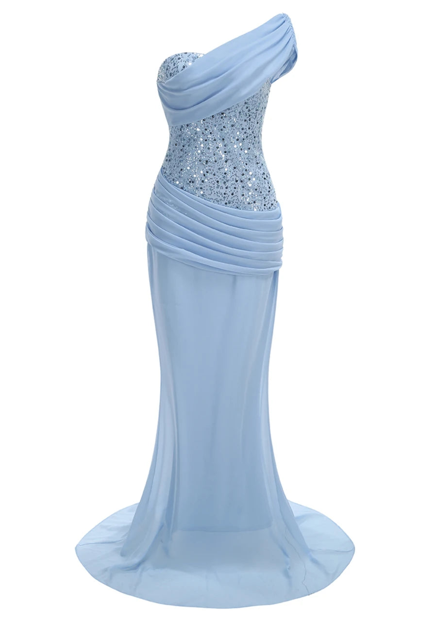 Draped One Shoulder Sequin Corset Maxi Dress Blue