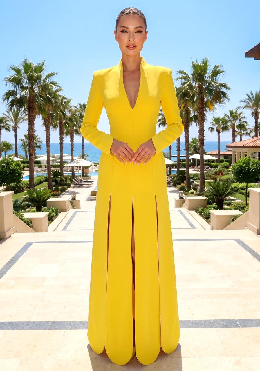 Long Sleeve Scalloped Hem Maxi Dress Yellow