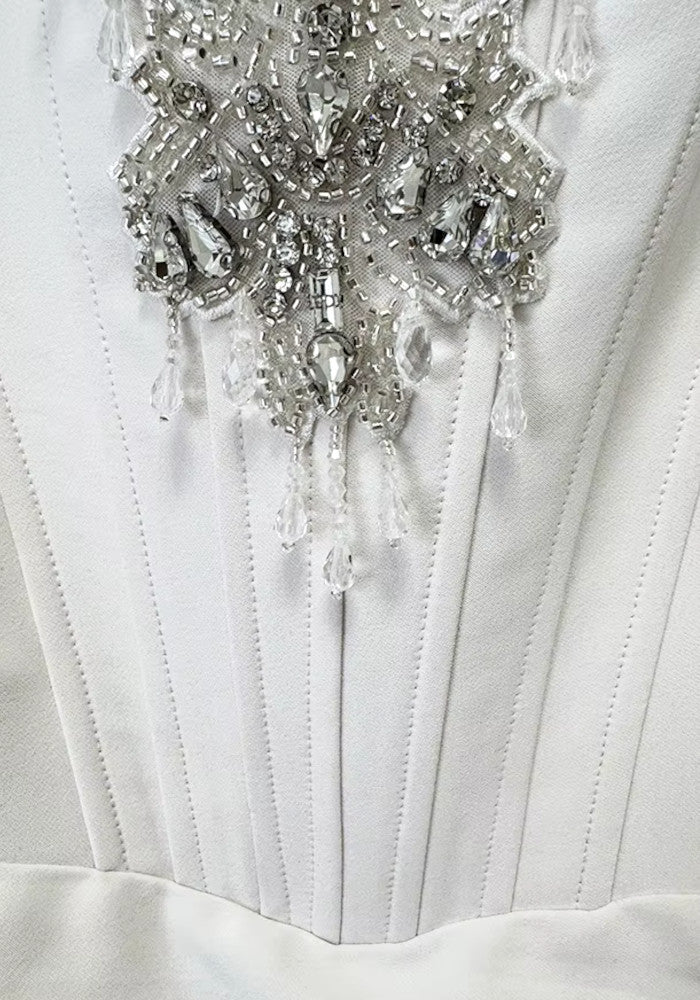 Halter Crystal Structured Draped Maxi Dress White