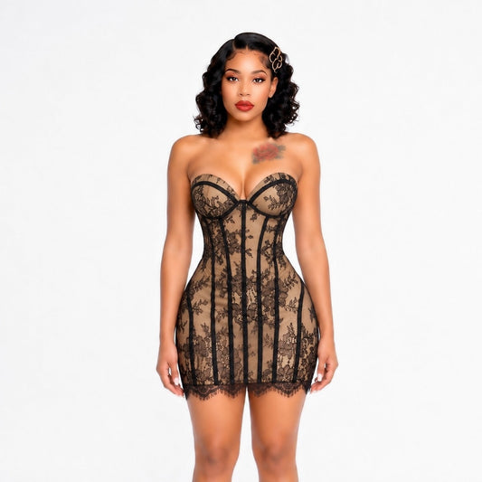 Strapless Lace Corset Dress Black Nude