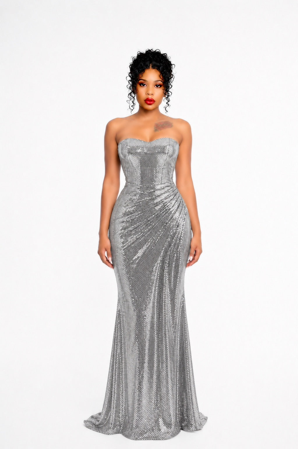 Strapless Draped Maxi Dress Silver