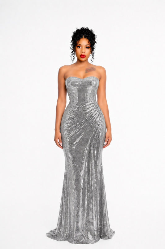 Strapless Draped Maxi Dress Silver