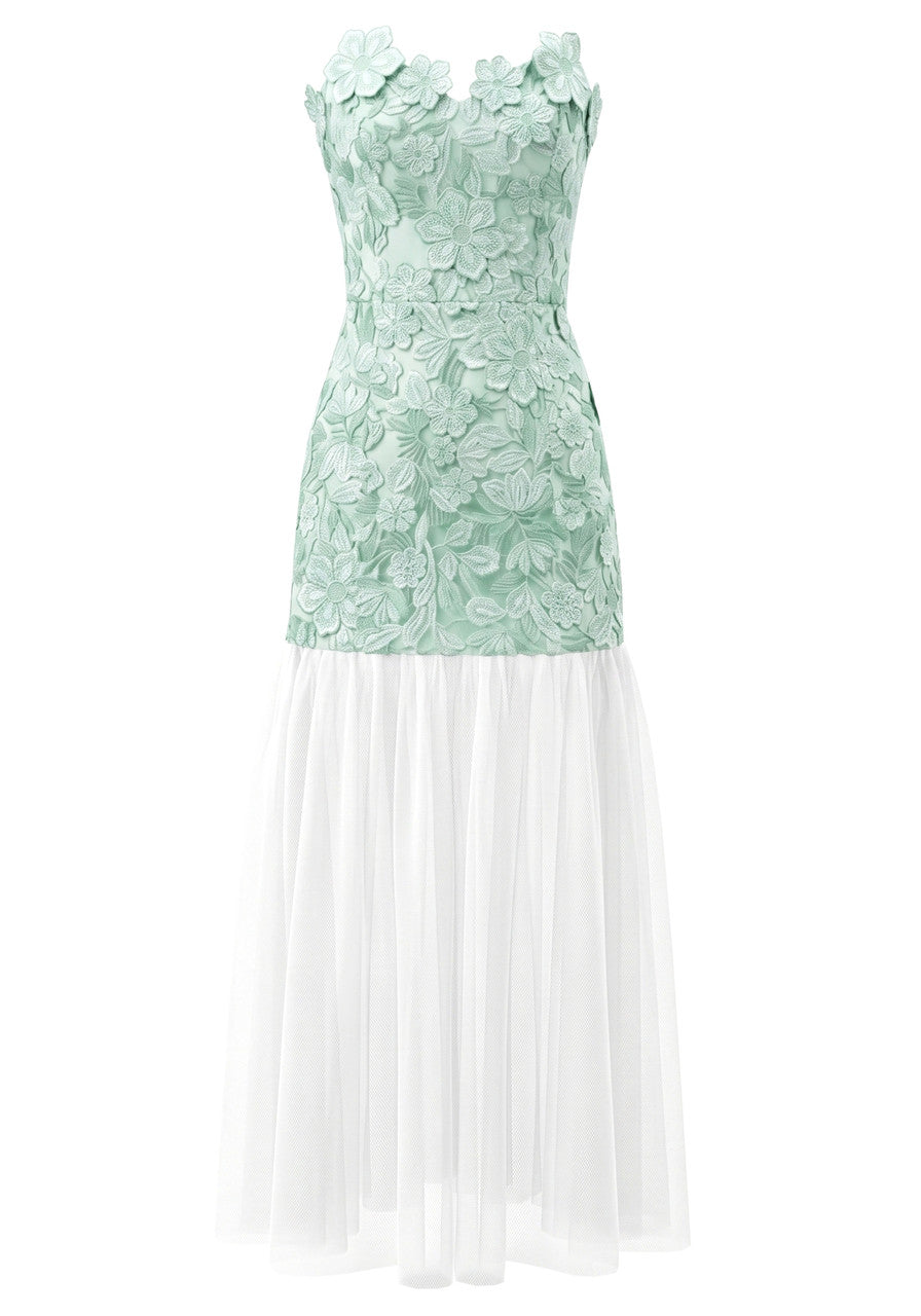 Strapless Floral A Line Maxi Dress Green