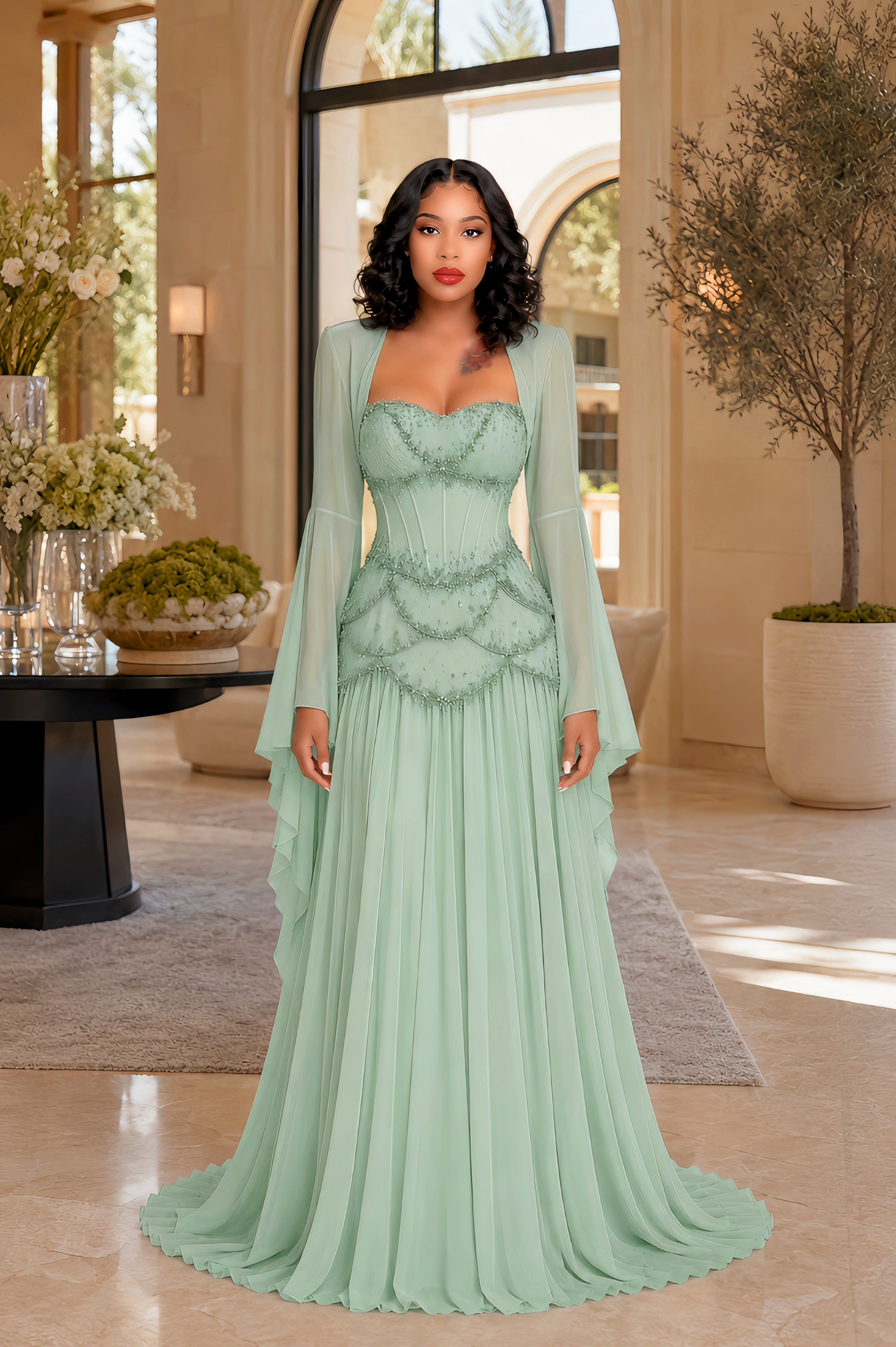 Green Faux-pearl-embellished Pleated Maxi Dress