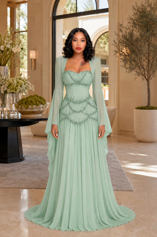 Green Faux-pearl-embellished Pleated Maxi Dress