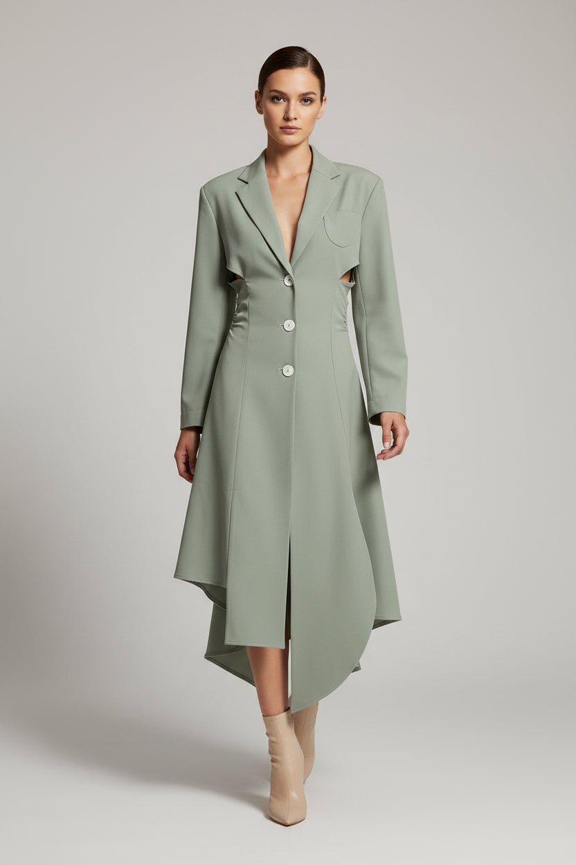 Collar Waist Backless Hem Irregular Asymmetric Cut Dress Windbreaker