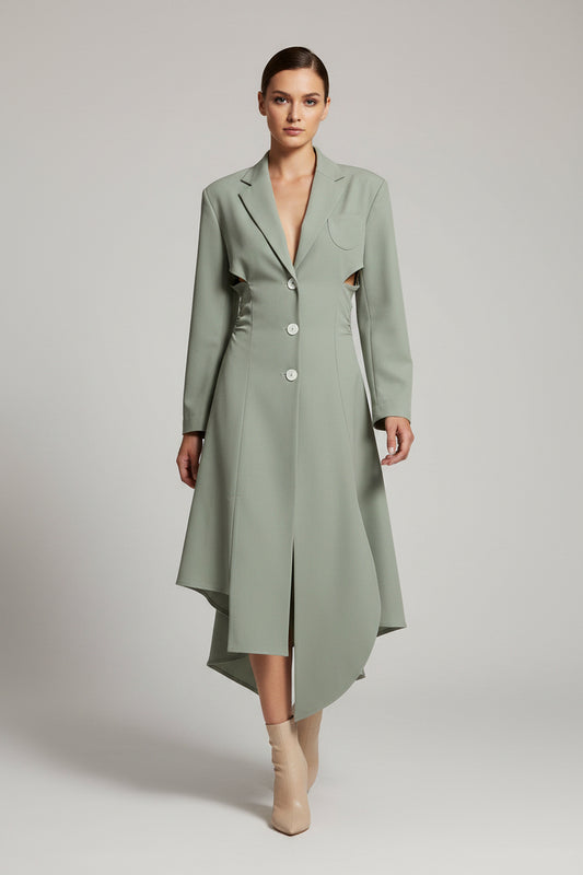 Collar Waist Backless Hem Irregular Asymmetric Cut Dress Windbreaker