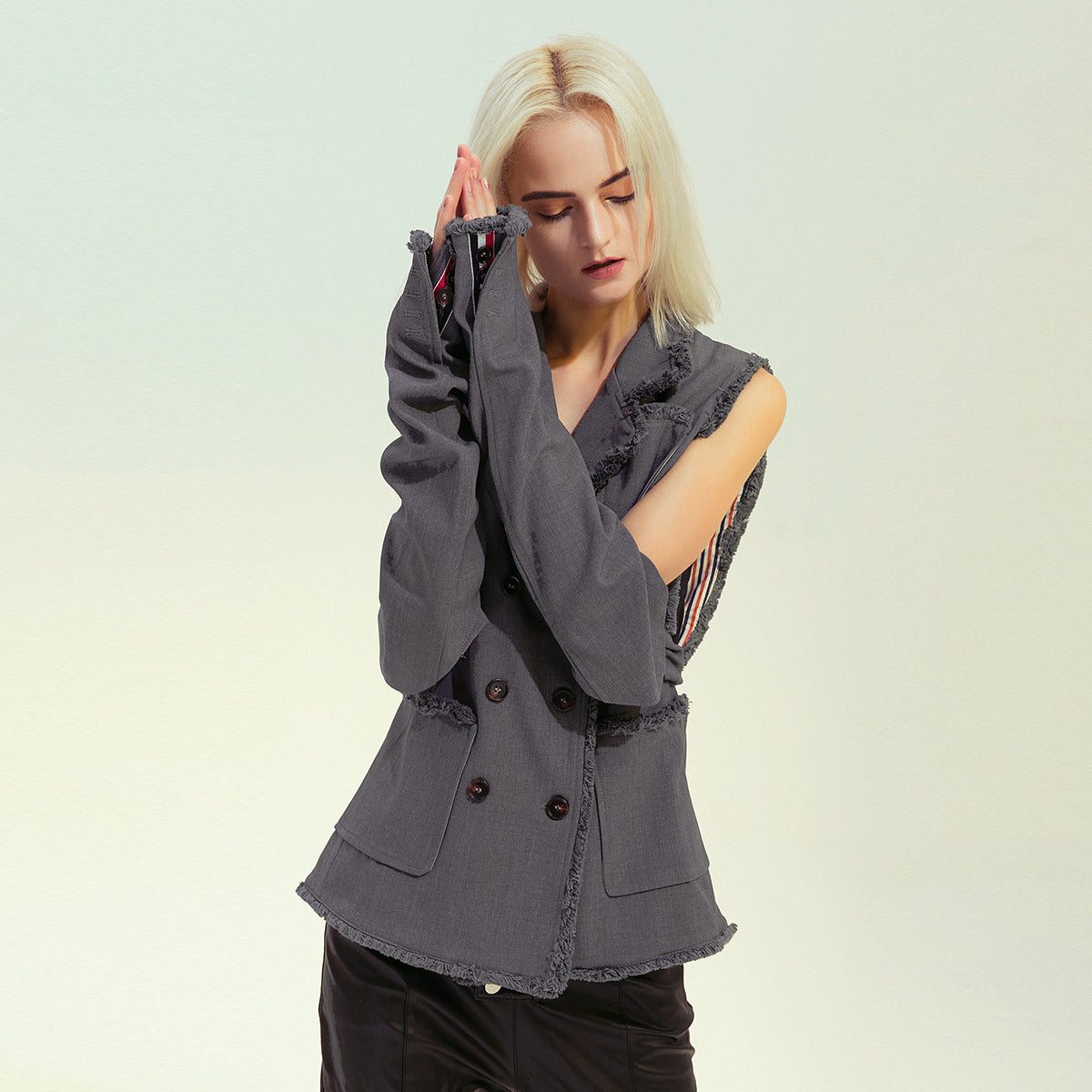 Fringe off the Shoulder Double Breasted Broken Long Sleeve Coat