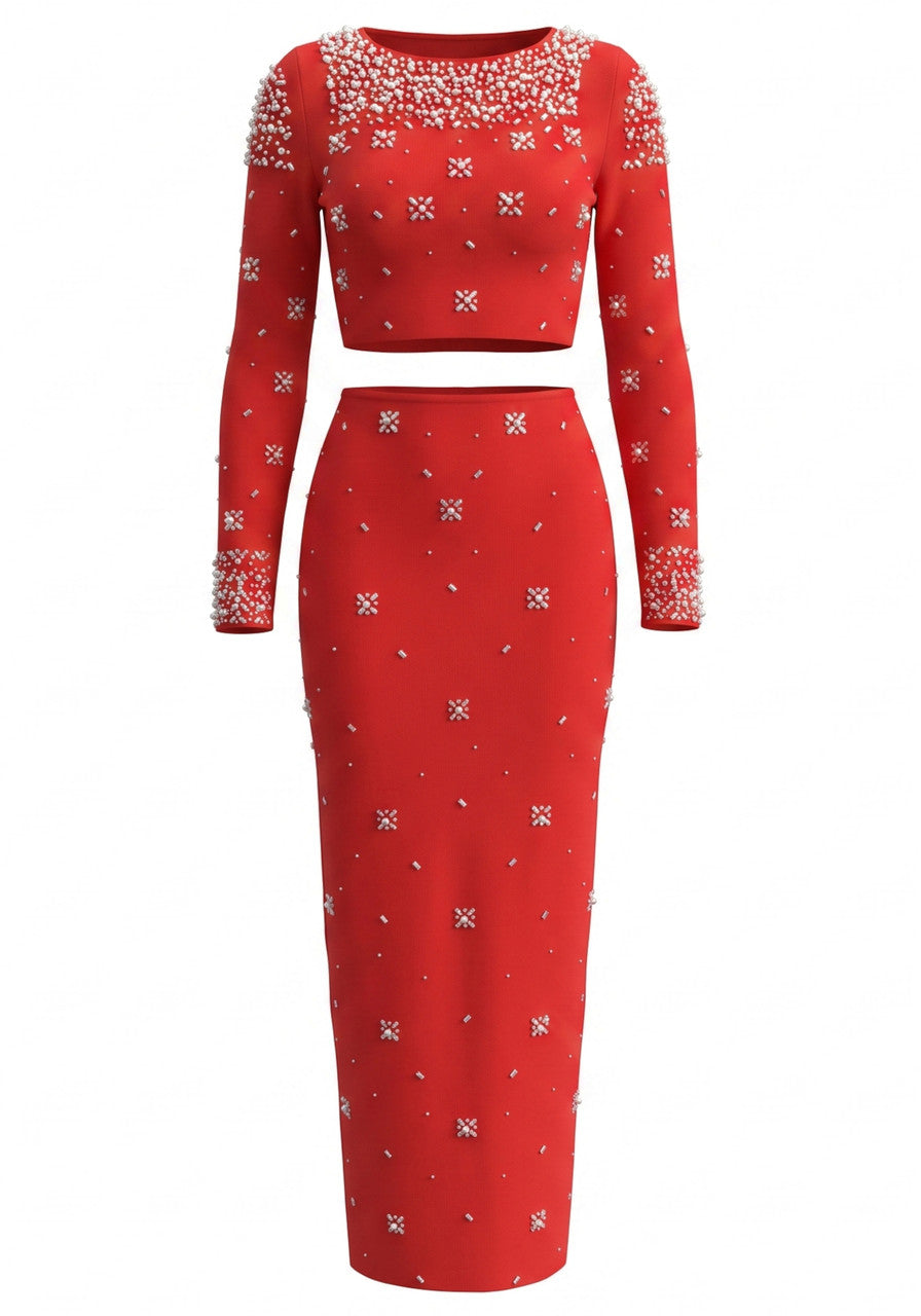 Long Sleeve Crystal Embellished Two Piece Maxi Dress Red