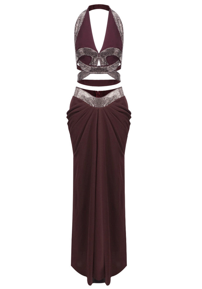 Halter Draped Two Piece Maxi Dress Brown Burgundy
