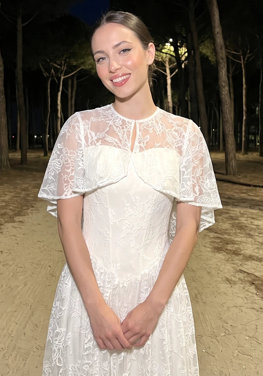 Lace Cape Strapless A Line Maxi Dress Ivory