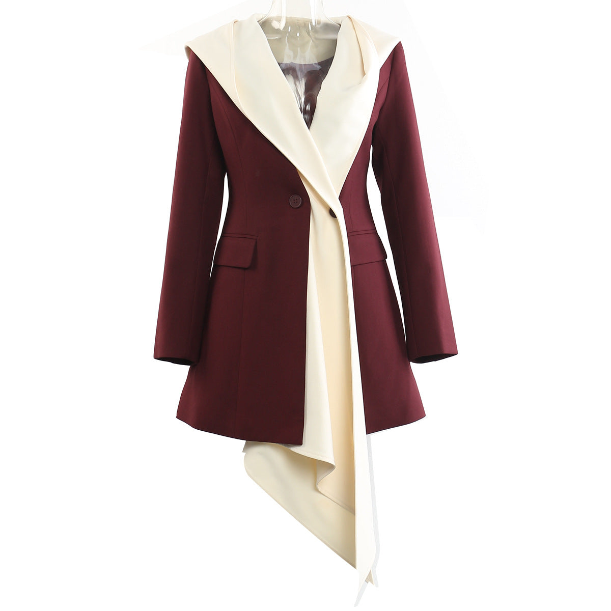 Spring Irregular Asymmetric Stitching Faux Two Piece Hooded Mid Length Blazer Top