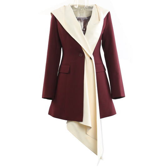 Spring Irregular Asymmetric Stitching Faux Two Piece Hooded Mid Length Blazer Top