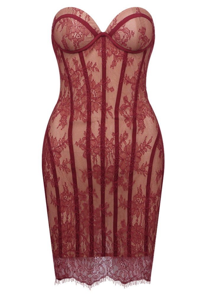 Strapless Lace Corset Dress Burgundy