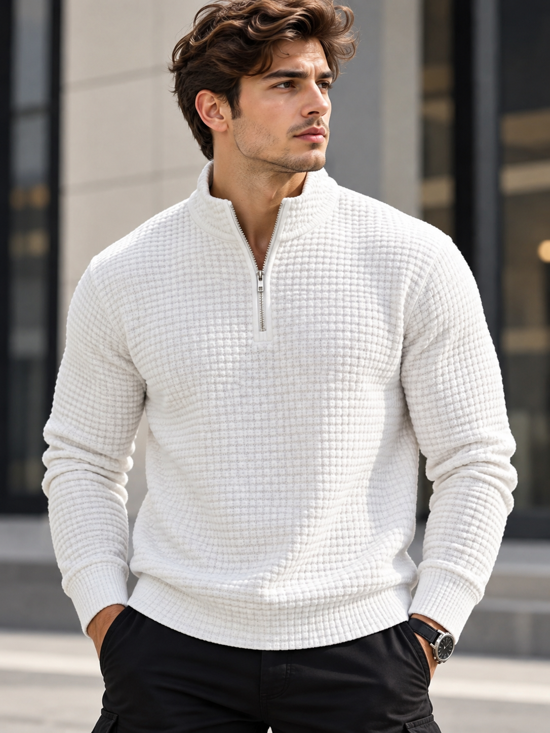 Men's Full Size Waffle Knit Quarter-Zip Pullover Sweatshirt Plus Size