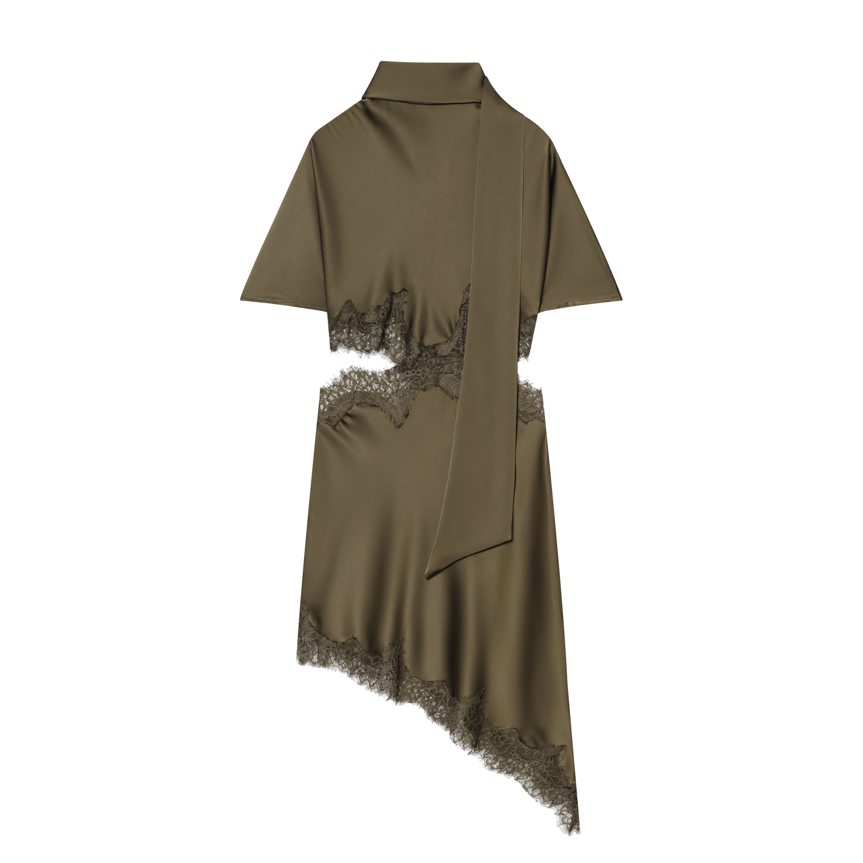 Silk Satin Waist Hollow Out Cutout Scarf Slim Fit Dress