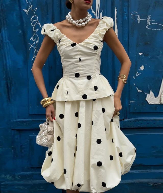 Polka Dot V-Neck Top Polka Dot Bud Mid Length Skirt Set