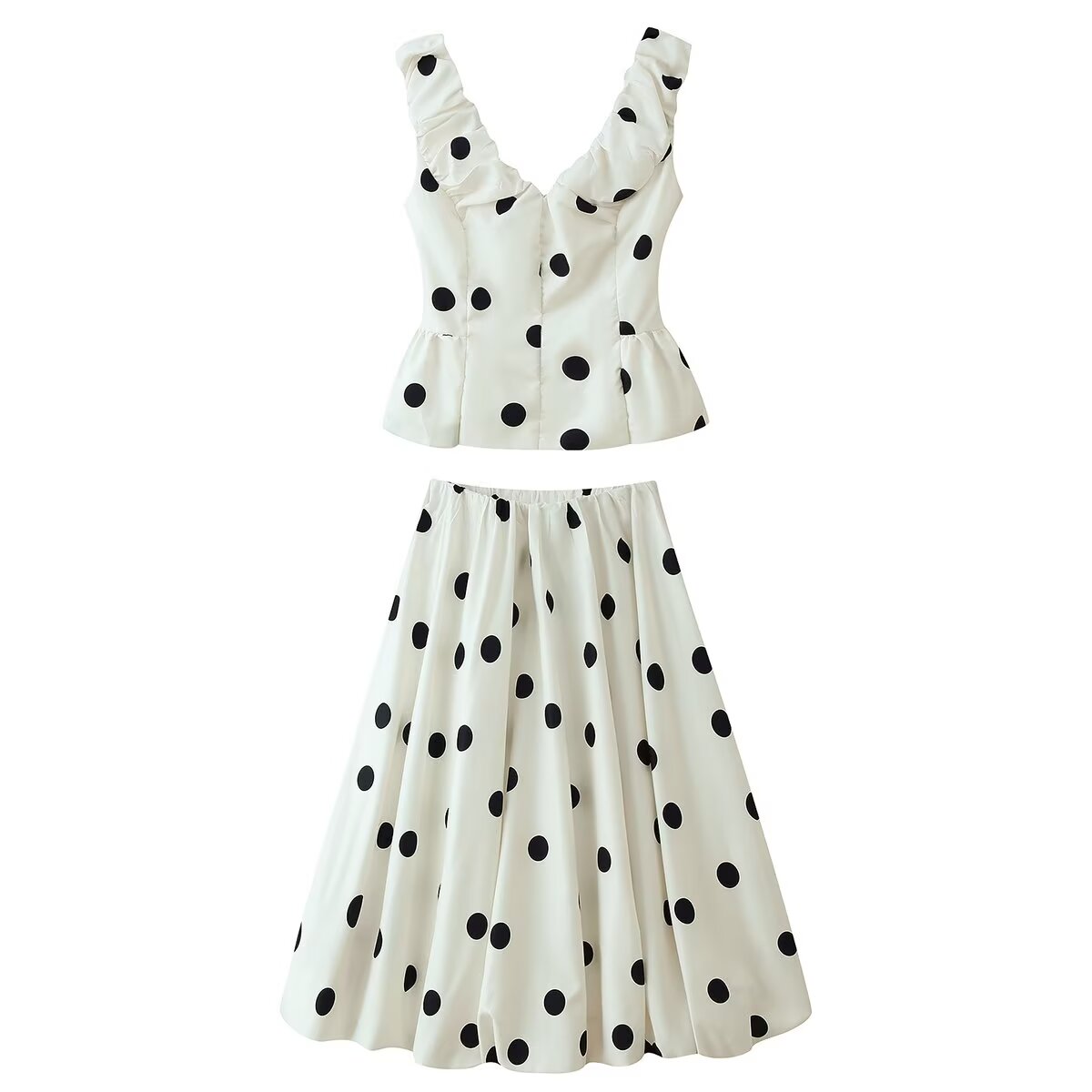 Polka Dot V-Neck Top Polka Dot Bud Mid Length Skirt Set