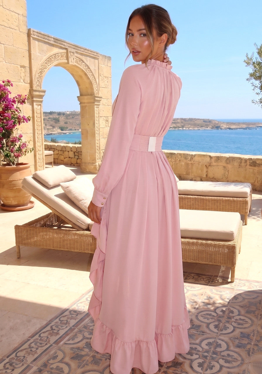 Long Sleeve High Low Ruffle Maxi Dress Pink