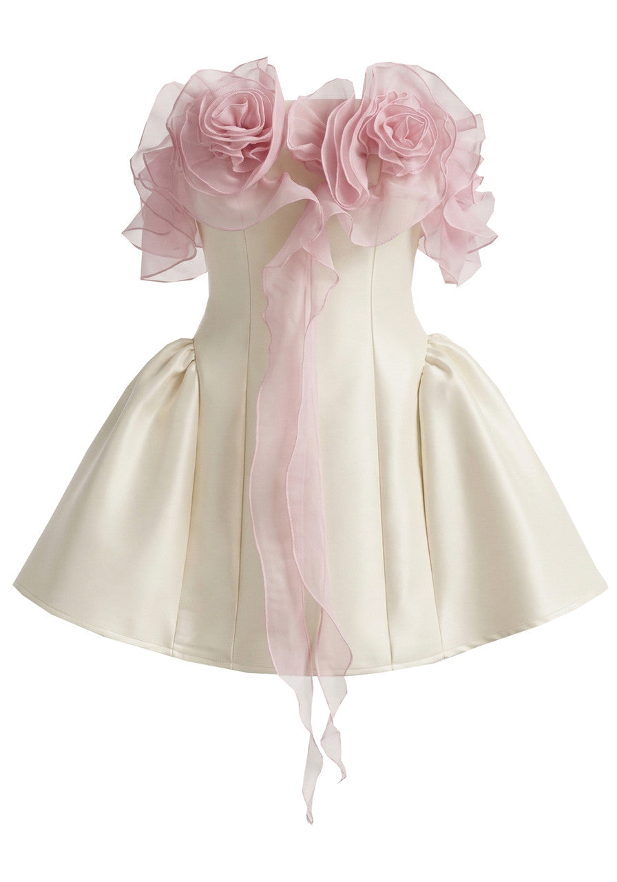 Floral Ruffle Bardot A Line Dress Ivory Pink