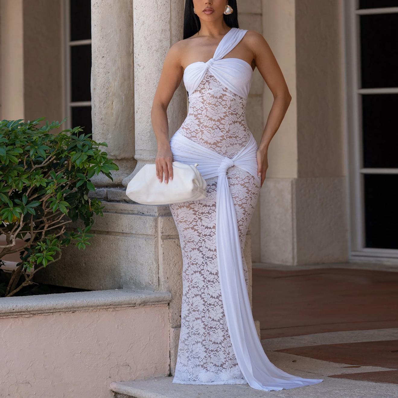 Women Wear Sexy Lace Shoulder Ribbon Sheath Dress