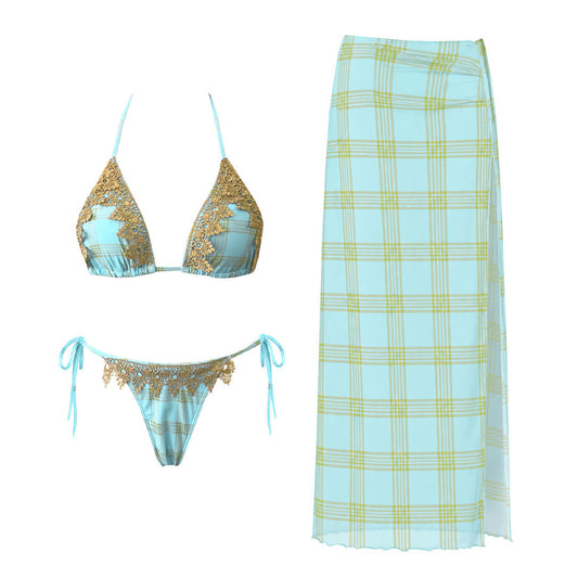 Fresh Plaid Printed Lace up Sexy Backless Split Swimsuit Skirt Three Point Bikini
