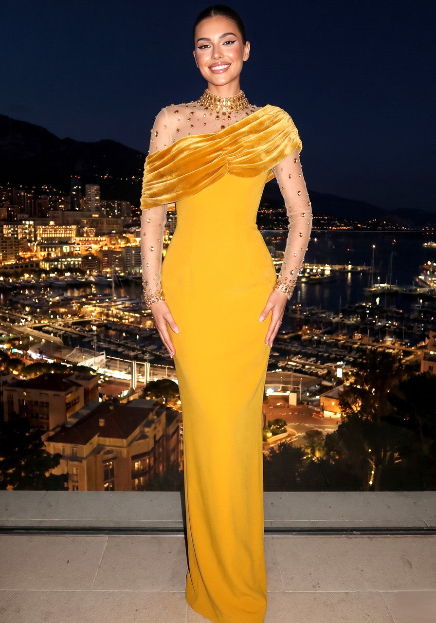 Crystal Long Sleeve Draped Maxi Dress Amber
