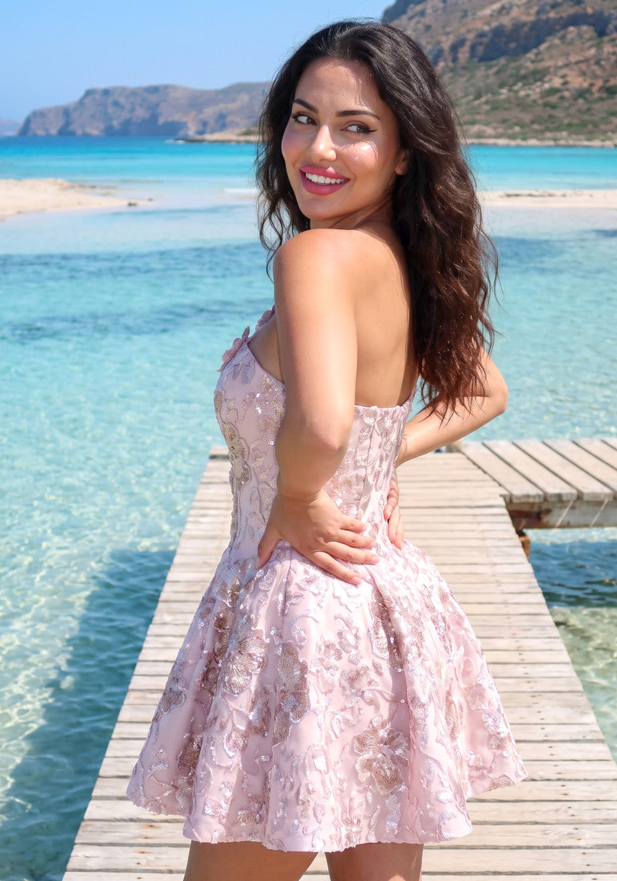One Shoulder Floral Sequin Corset A Line Dress Pink