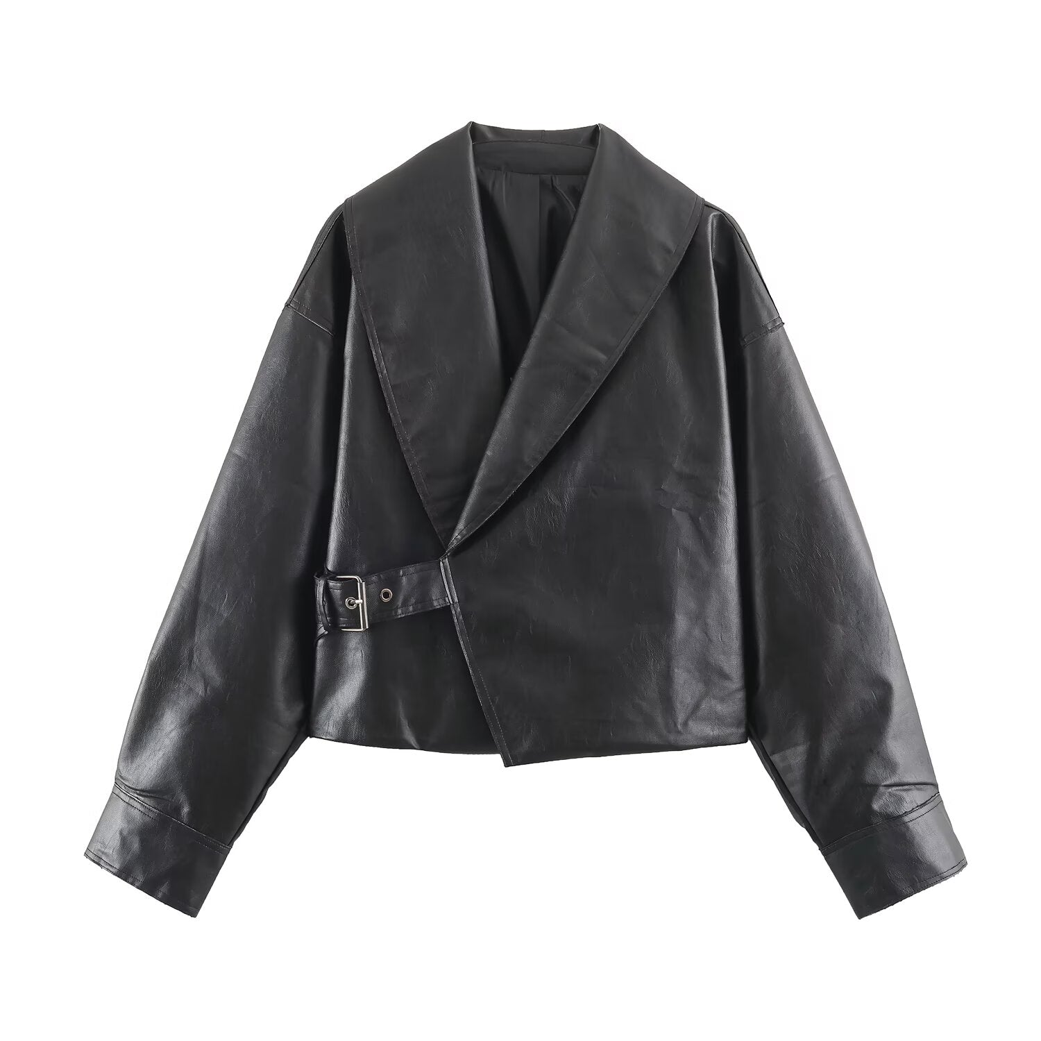 Casual Long Sleeved Collared Faux Leather Buckle Coat