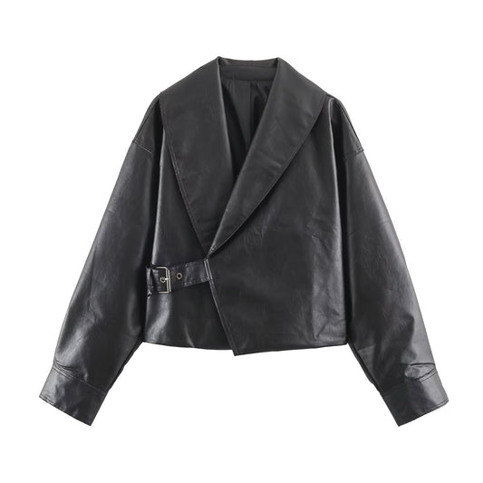 Casual Long Sleeved Collared Faux Leather Buckle Coat