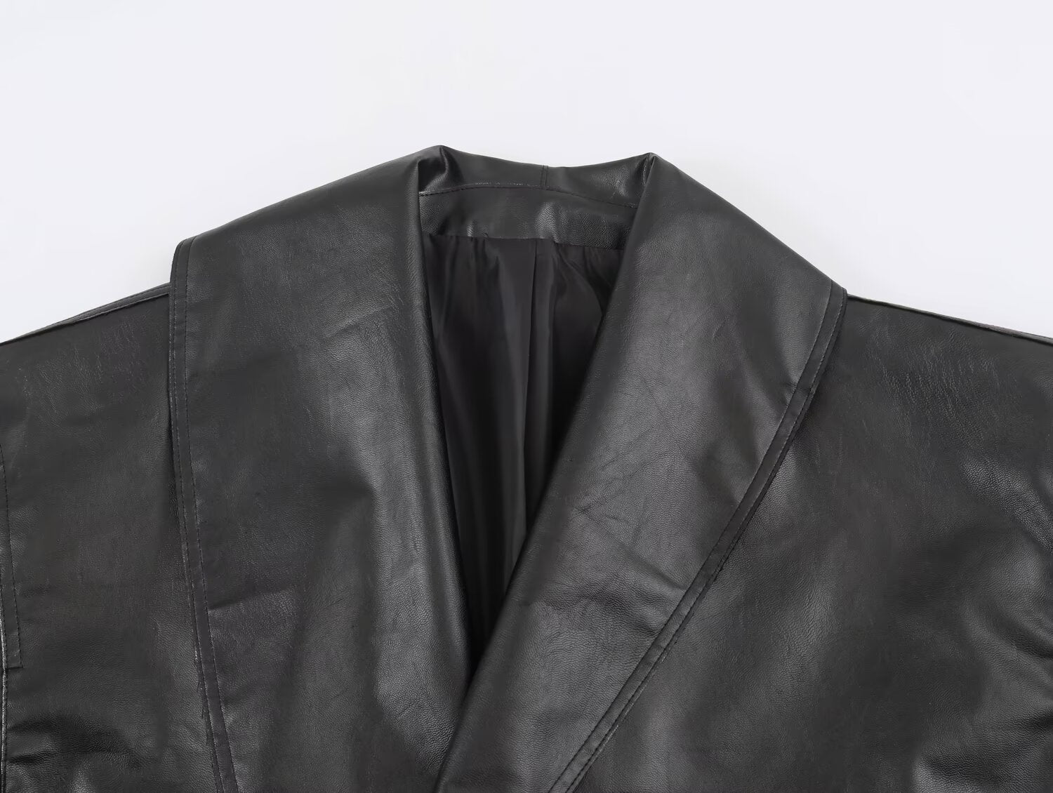 Casual Long Sleeved Collared Faux Leather Buckle Coat