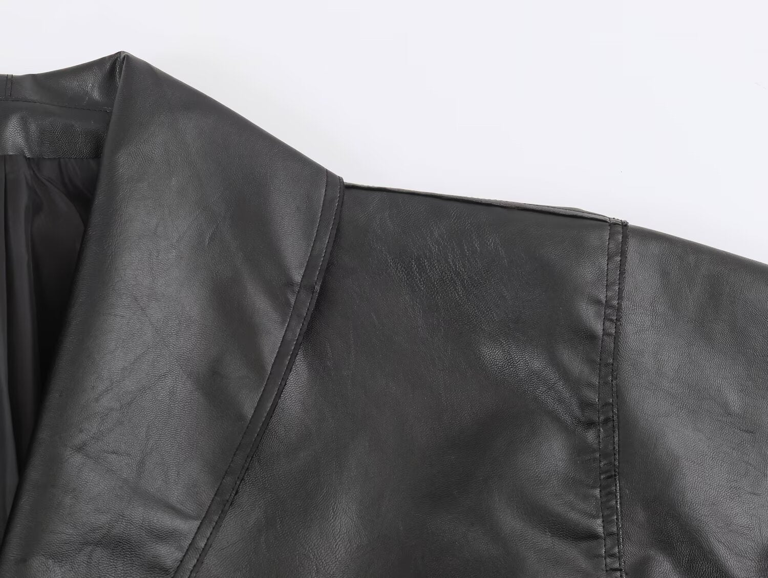 Casual Long Sleeved Collared Faux Leather Buckle Coat