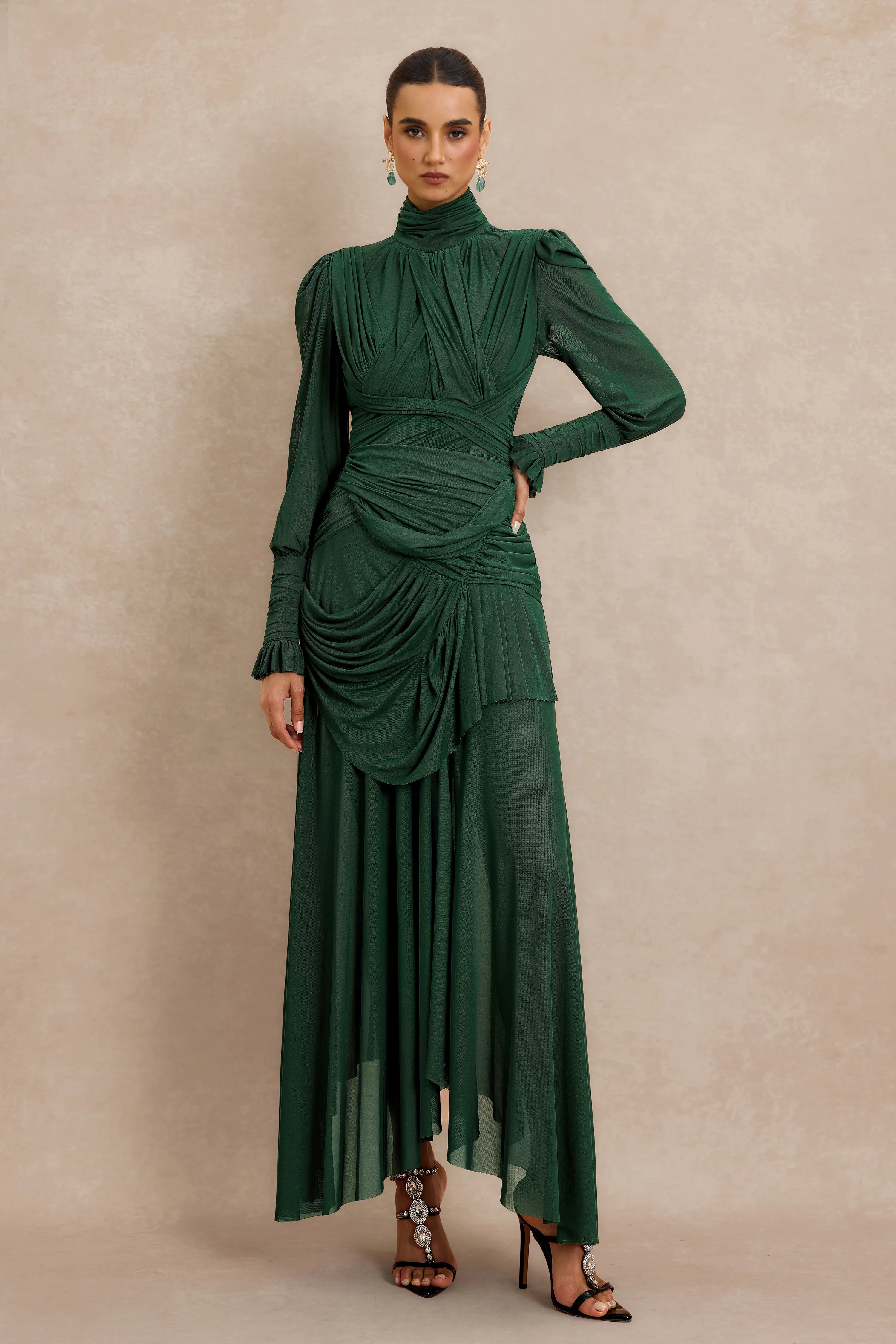 Dark Green Cross Front Ruched Maxi Dress