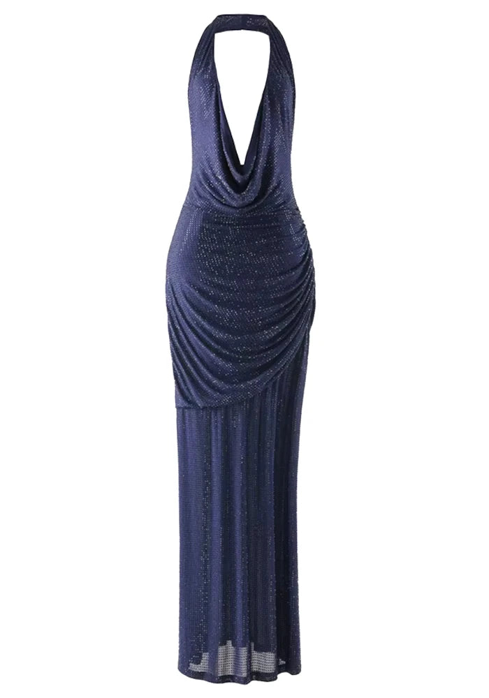 Halter Draped Embellished Maxi Dress Blue