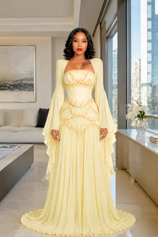 Yellow Faux-pearl-embellished Pleated Maxi Dress