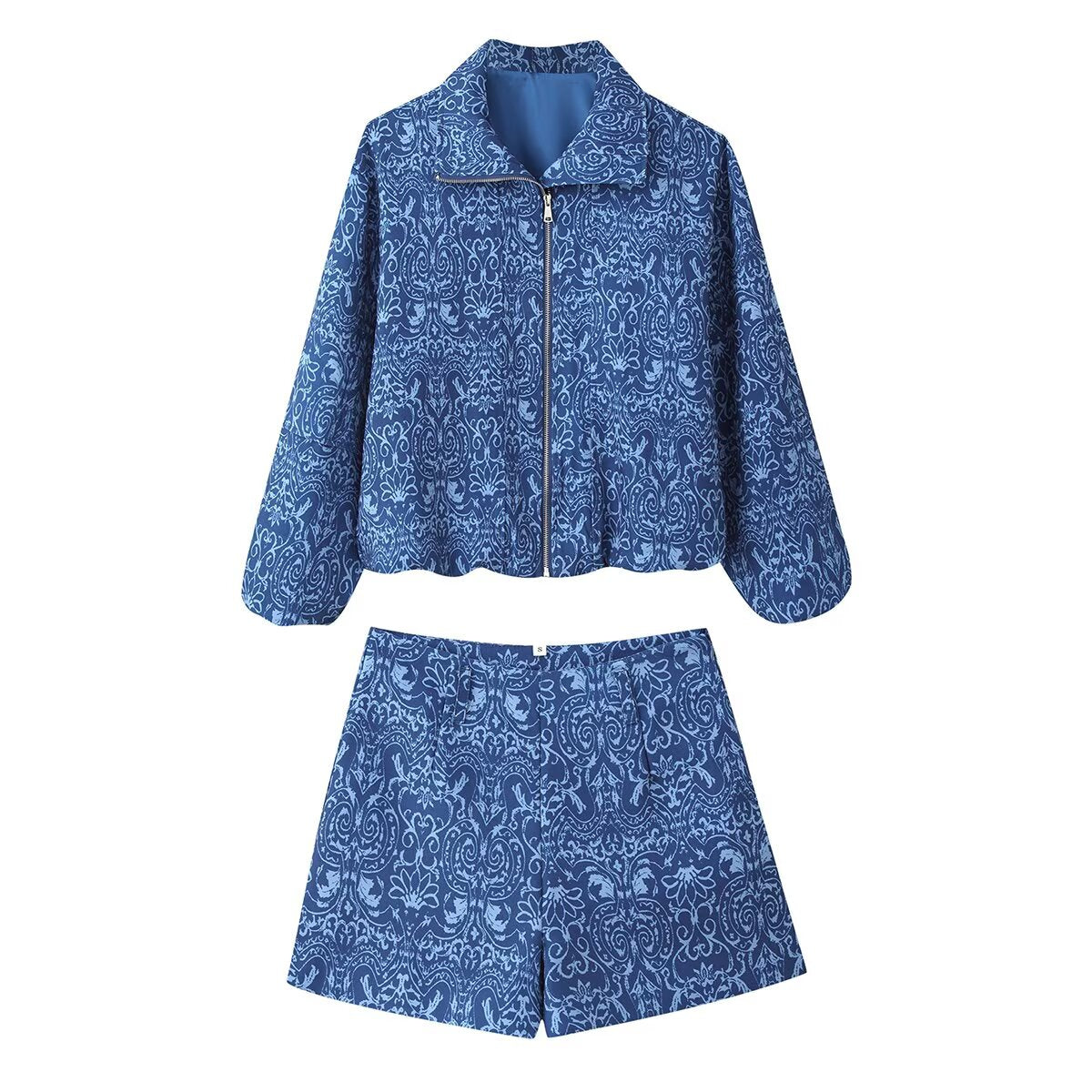 Printed Coat Stand Collar Zipper Shorts Sets