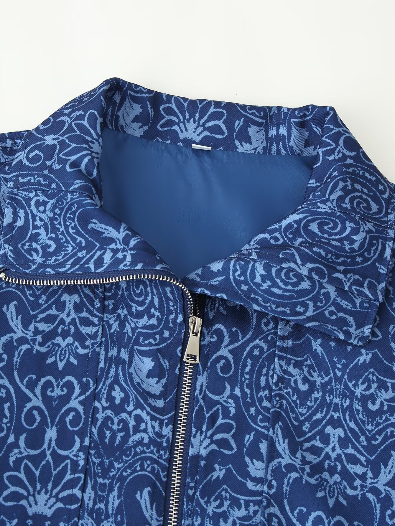 Printed Coat Stand Collar Zipper Shorts Sets