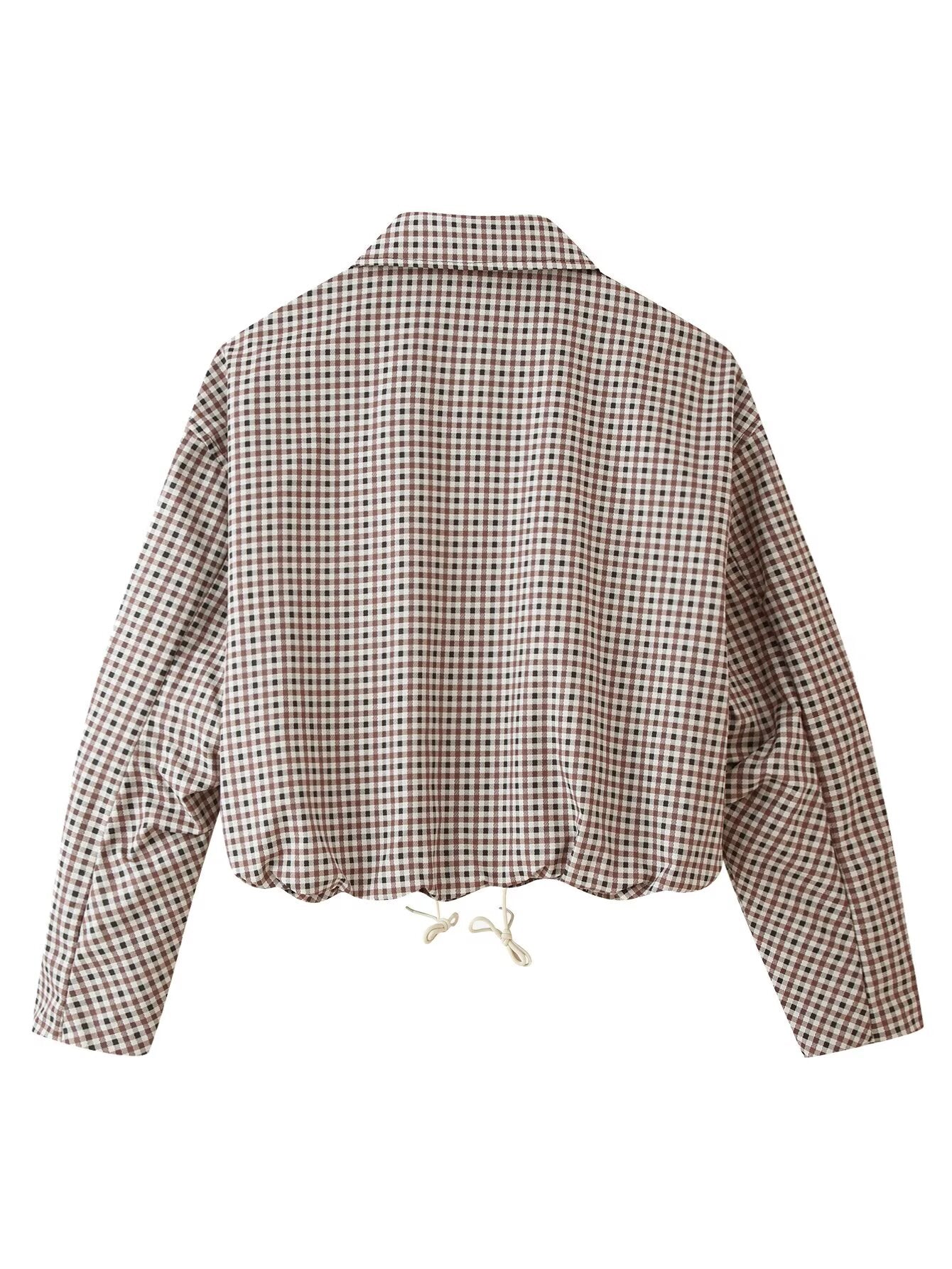 Funnel Collar Long Sleeve Plaid Short Coat