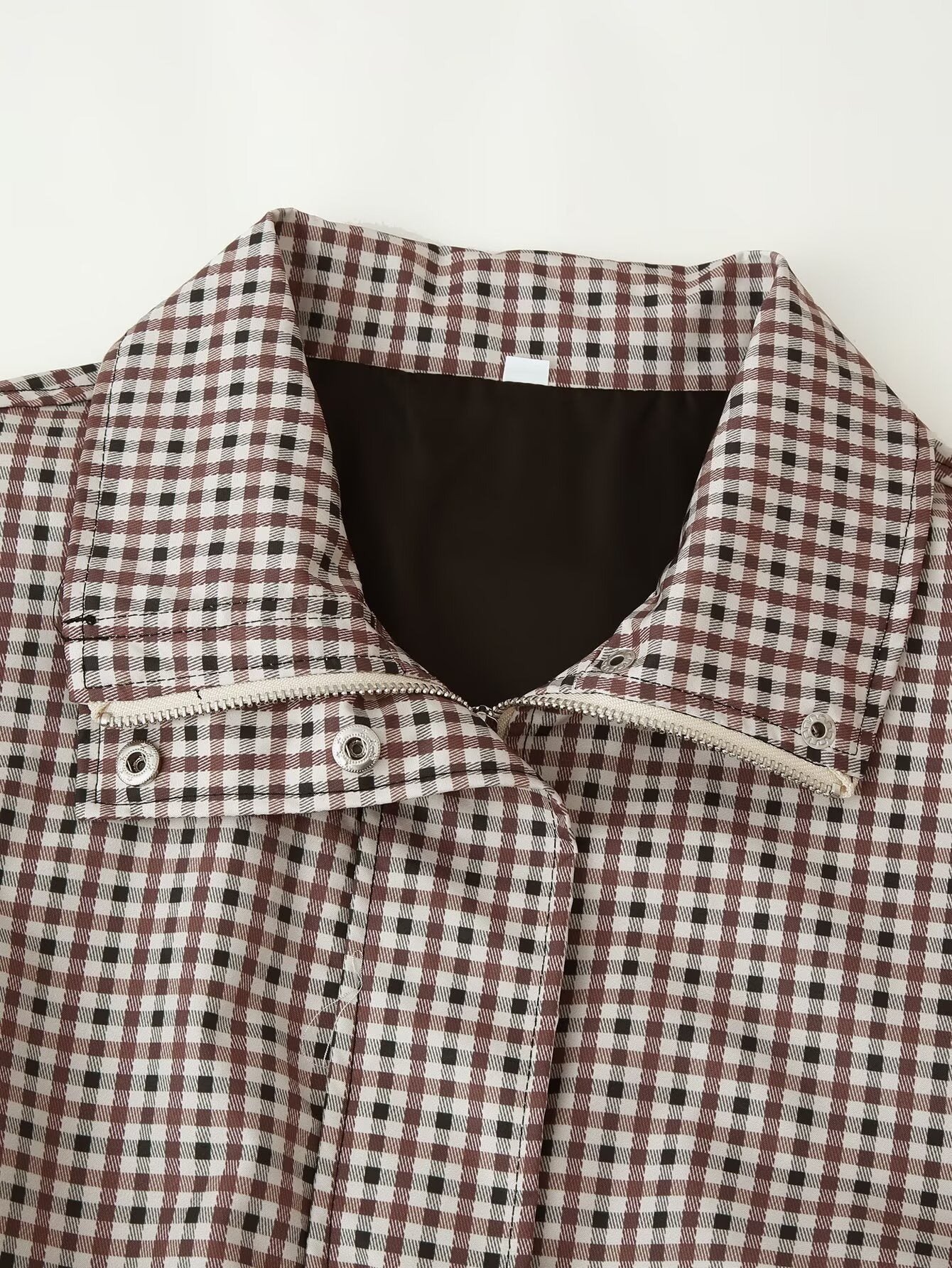 Funnel Collar Long Sleeve Plaid Short Coat